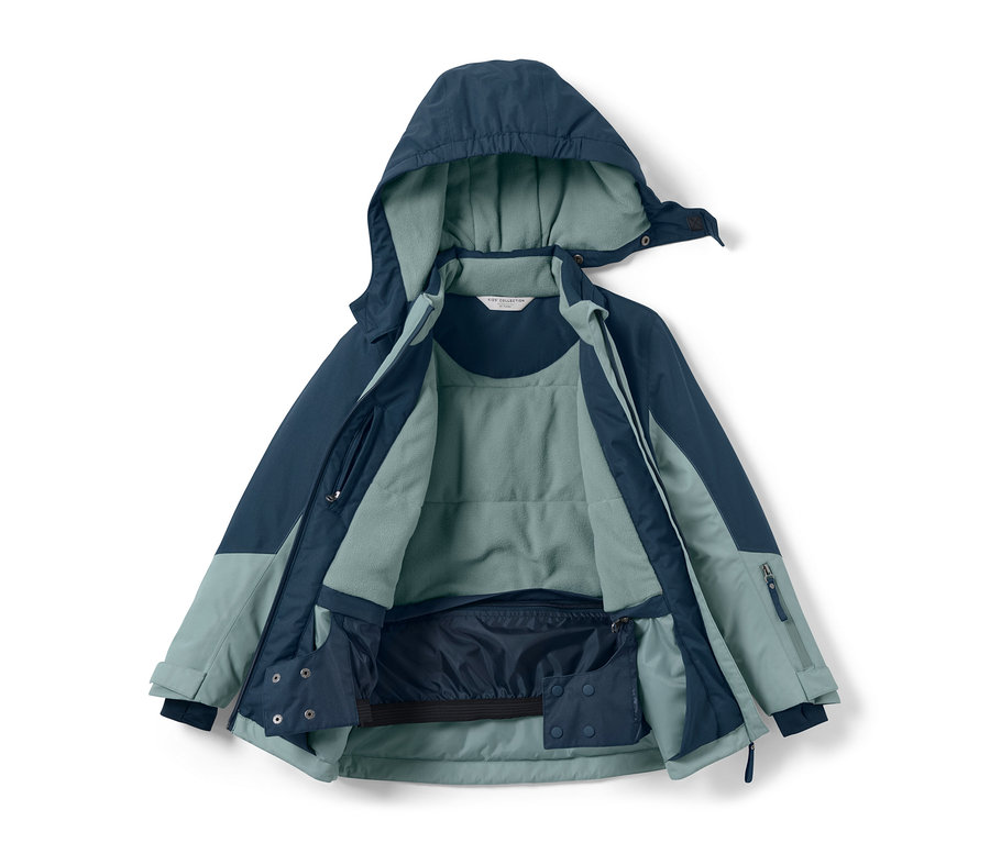 Kicipzárazott, kék és világoskék színű fiú snowboard kabát, sötétkék/zöld színben, kapucnival.