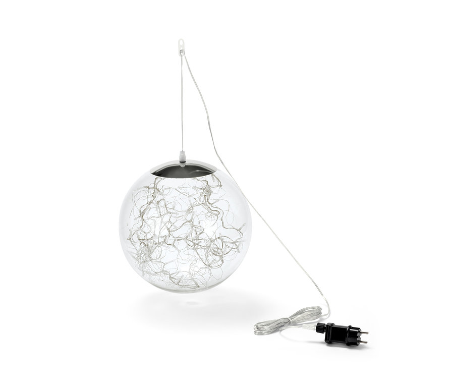 Függő LED-es gömb, kb. 30 cm átmérőjű, tápkábellel.