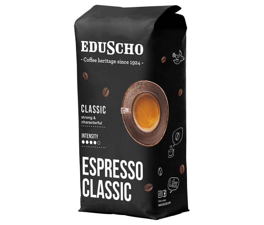 Fekete csomagolású, 1 kg-os Eduscho Espresso Classic szemes kávé.