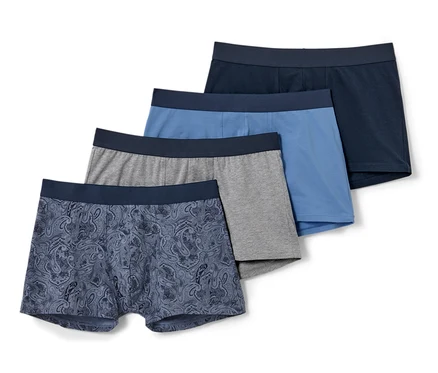 Négy boxeralsó: egy kék paisley mintás, egy szürke, egy világoskék és egy sötétkék.