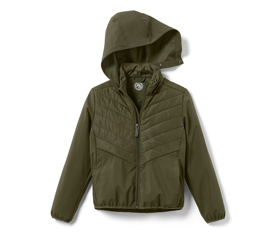 Zöld, cipzáras, kapucnis lány hibrid lovaglókabát.