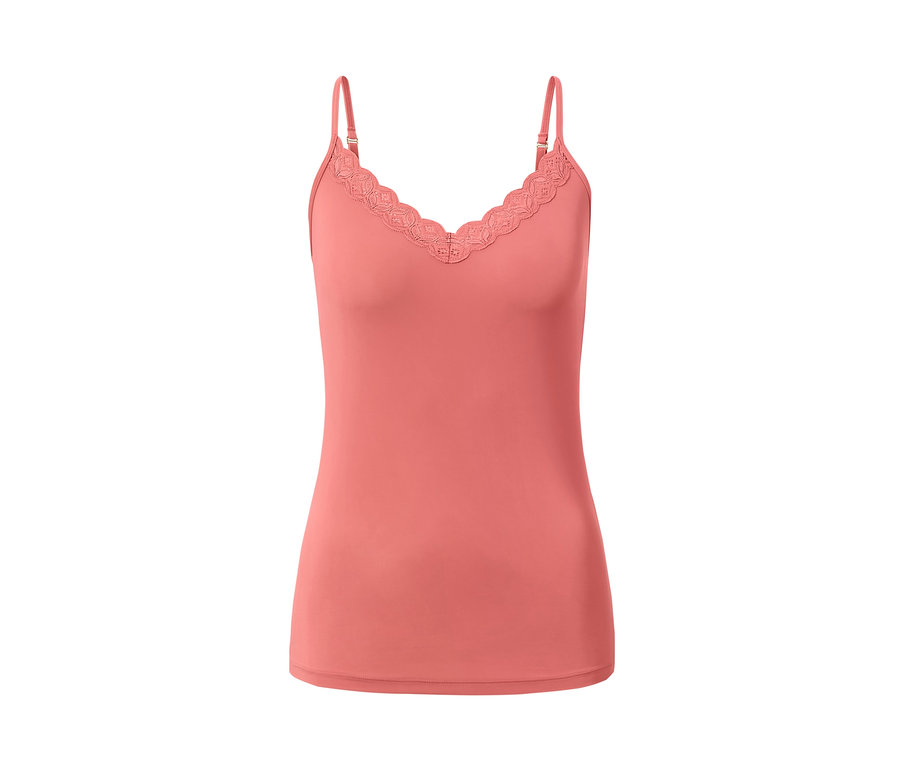 Barackszínű női trikó csipkével.