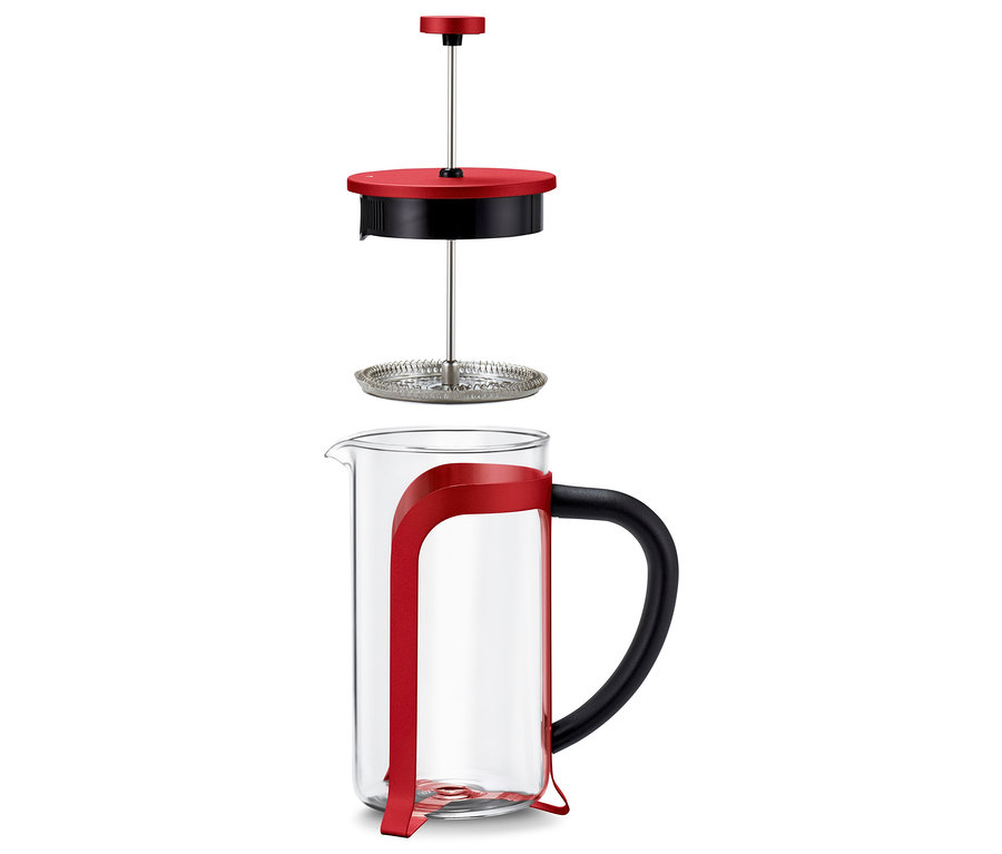 Egy piros, 800 ml-es, 6 csészés dugattyús kávéfőző szétszerelt állapotban.