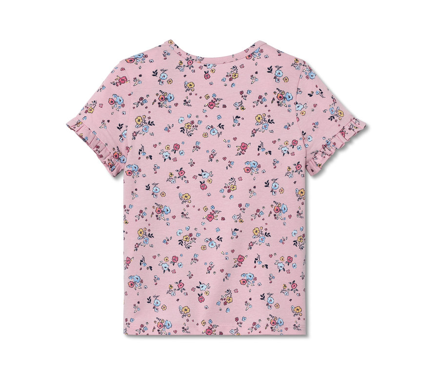 Rózsaszín, virágmintás, rövid ujjú lány póló. A póló ujja fodros. 2 kislány póló, nyuszis/virágos.