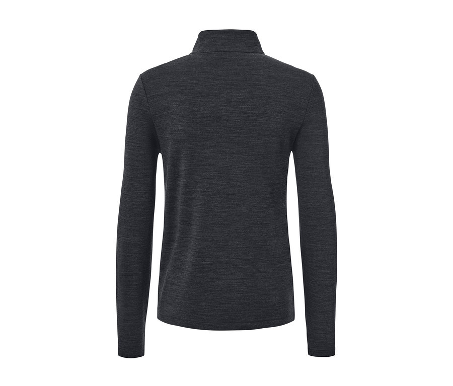 Sötétszürke, hosszú ujjú, RWS minősített gyapjúval készült funkcionális felső, hátulnézetből.