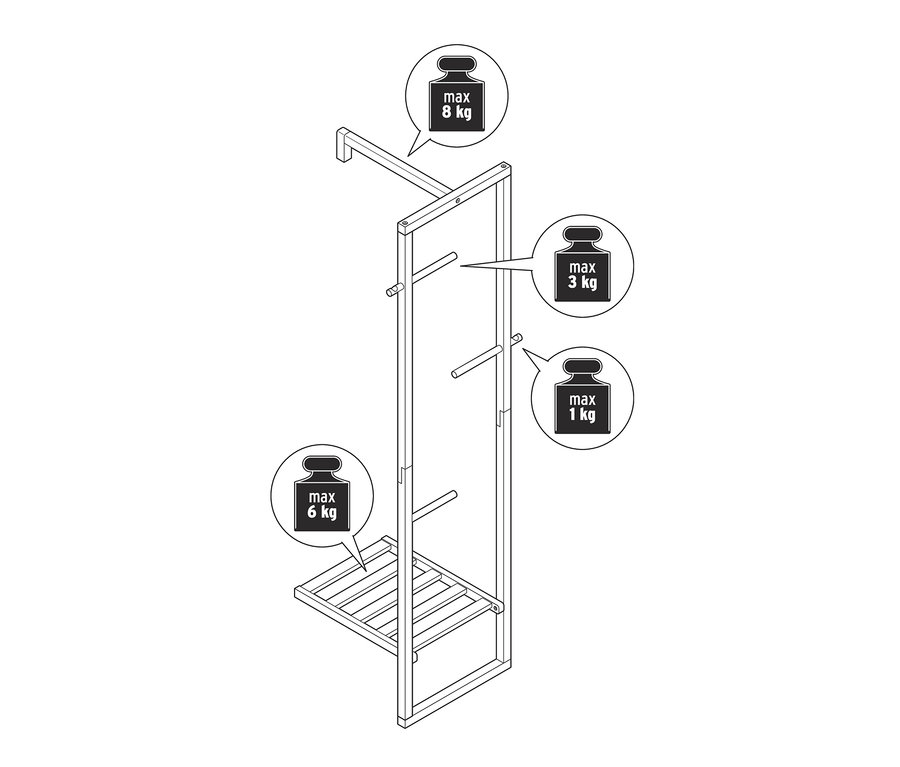Egy ruhaállvány rajza a maximális súlyra vonatkozó jelölésekkel.
