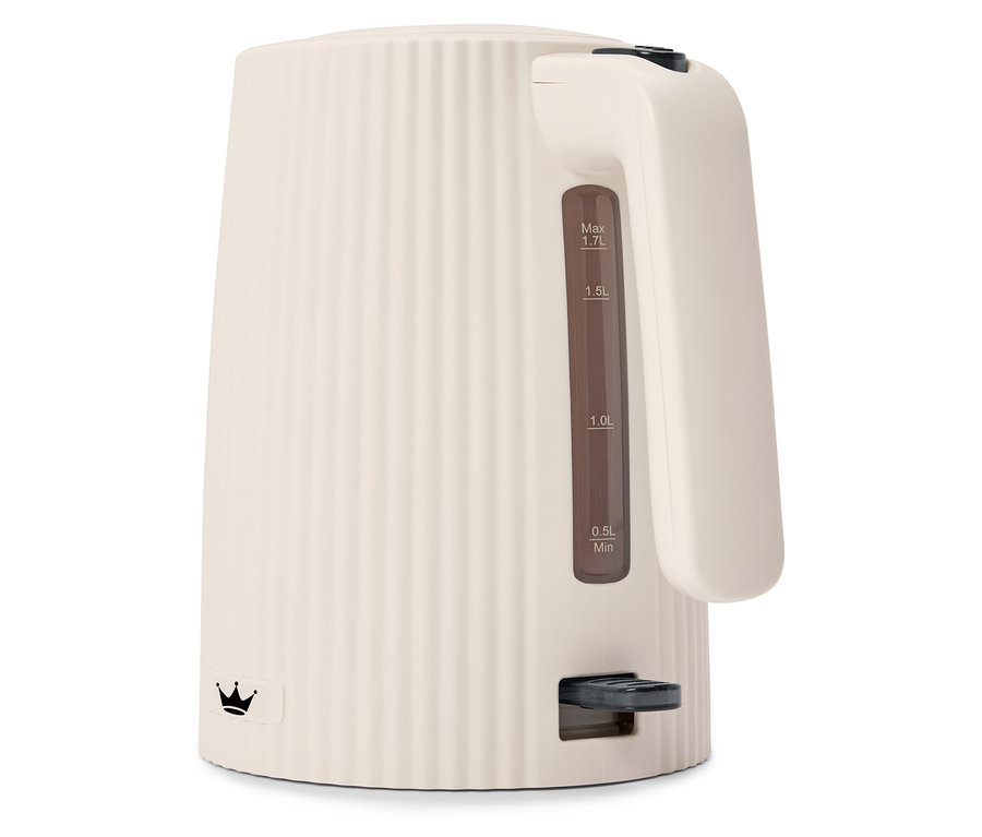 Krémszínű vízforraló bordázott felülettel és átlátszó vízszintjelzővel.