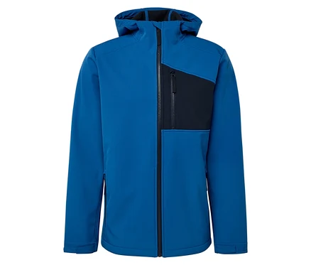 Kék softshell kabát kapucnival és fekete mellzsebbel.
