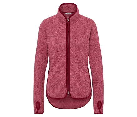 Rózsaszín fleece dzseki bordó cipzárral és szegéllyel.