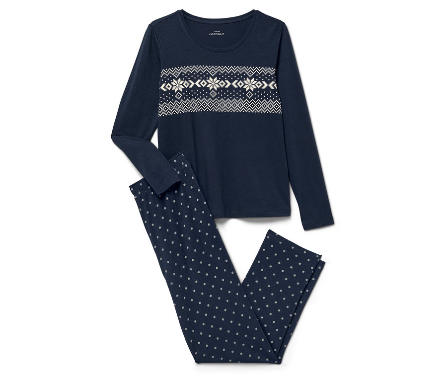 Tengerészkék pizsama, hosszú ujjú felső hópehely mintával, pöttyös nadrág.