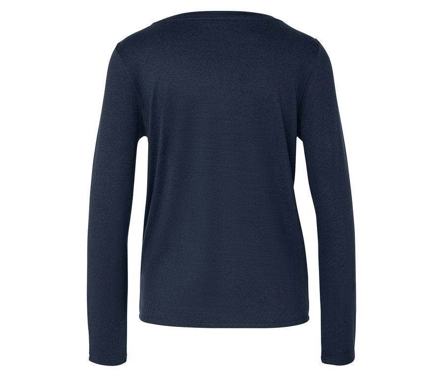 Sötétkék, hosszú ujjú pulóver, hátulnézet.