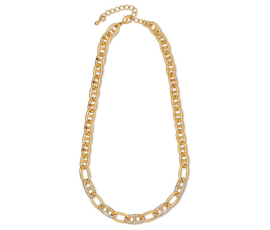 Arany nyaklánc láncszemekkel és díszítő kövekkel.