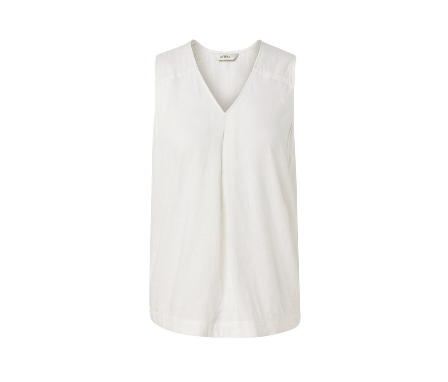 Fehér, ujjatlan lenvászon blúz.
