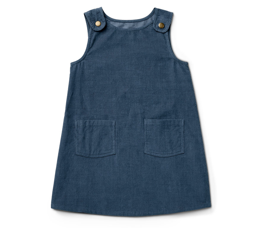 Kék kordbársony ruha gombokkal és zsebekkel.