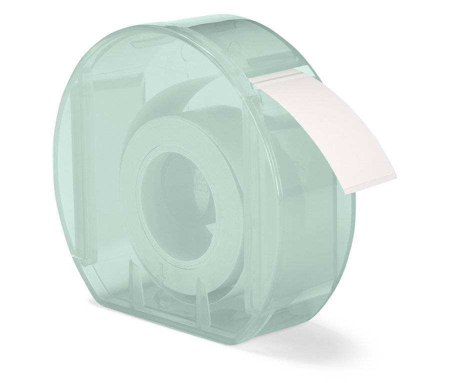 Átlátszó, kékeszöld adagoló fehér ragasztószalaggal.