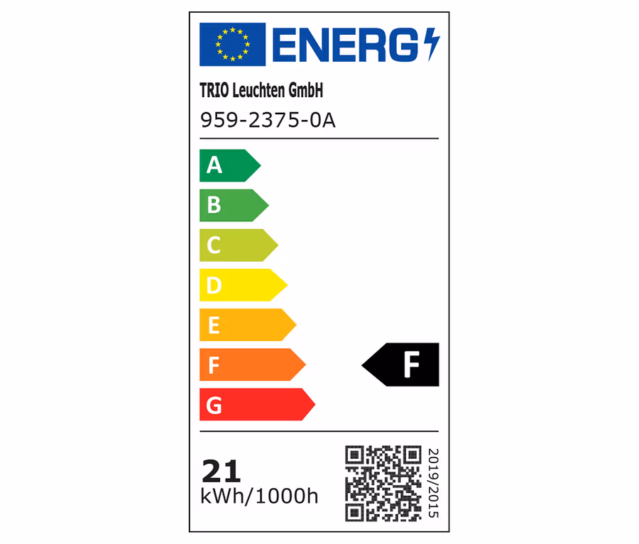 TRIO Leuchten GmbH energiacímke, 959-2375-0A modell, F energiaosztály, 21 kWh/1000h fogyasztás.