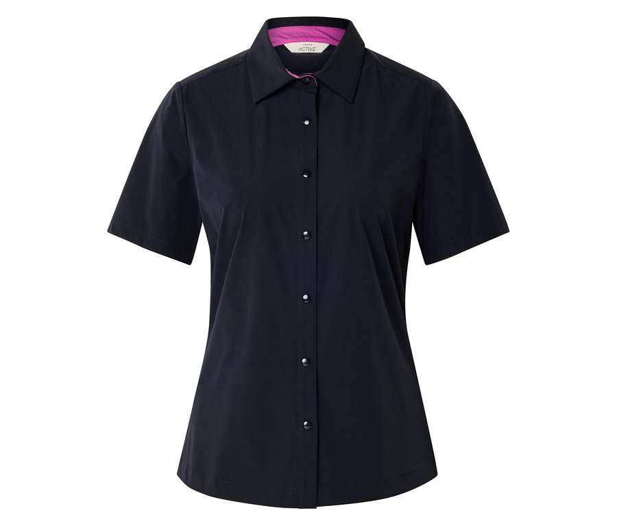 Sötétkék, rövid ujjú ing gallérral és gombokkal.