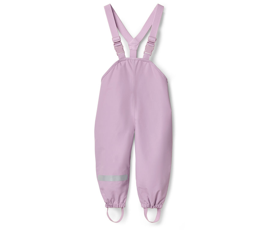 Lila gyerek esőnadrág kantárral és fényvisszaverő csíkkal a száron.