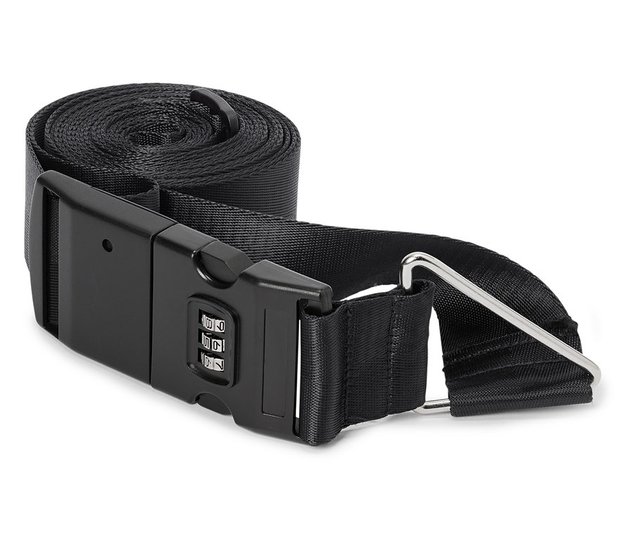 Fekete poggyászpánt számzáras zárral és ezüst csattal, feltekerve fehér háttérrel.