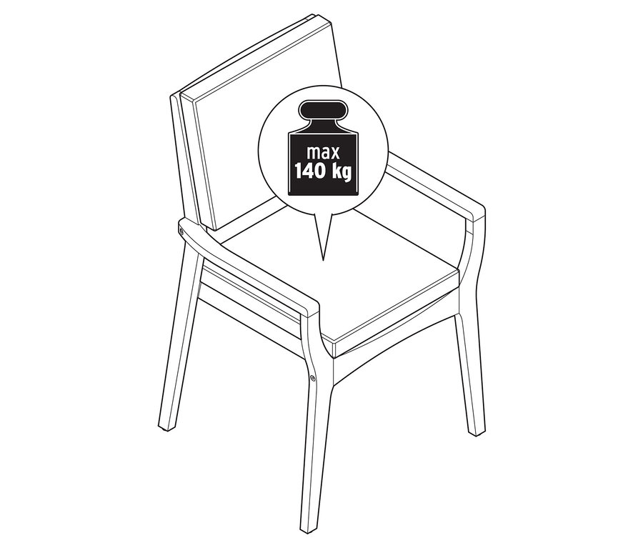 Felülnézet egy vázlatos, egymásra rakható teakfa kerti székről, súlyjelzéssel.