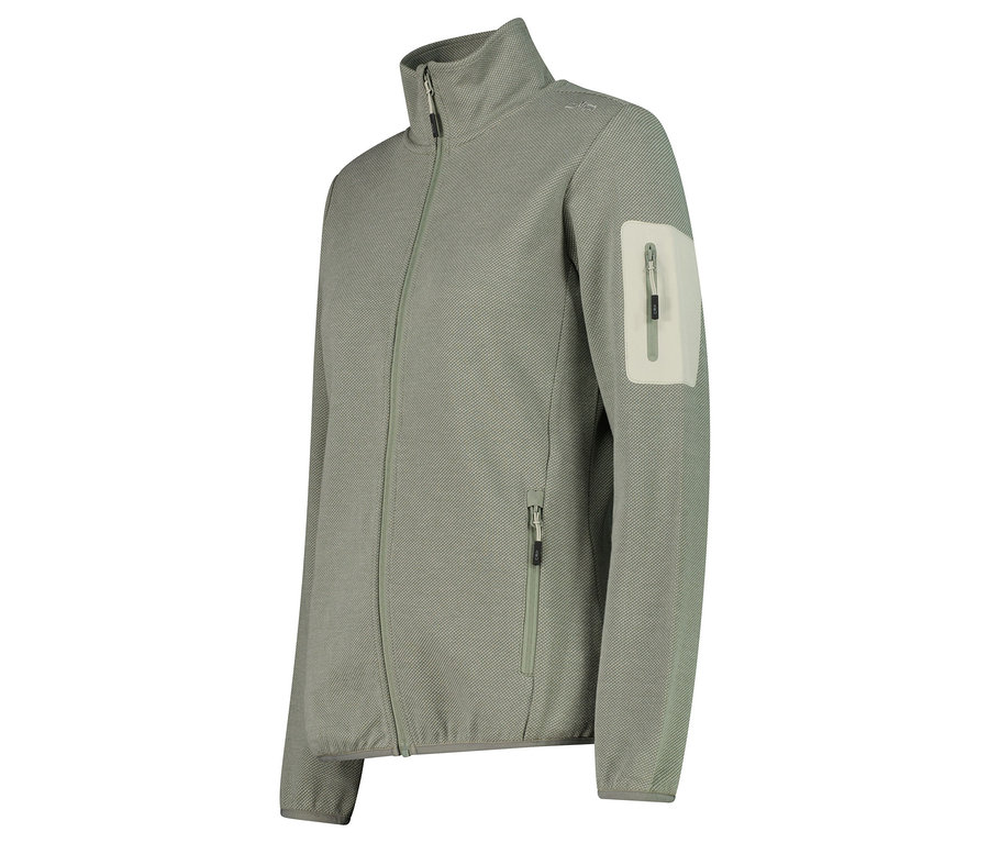 Világoszöld polár pulóver cipzárral és zsebbel a bal karján.