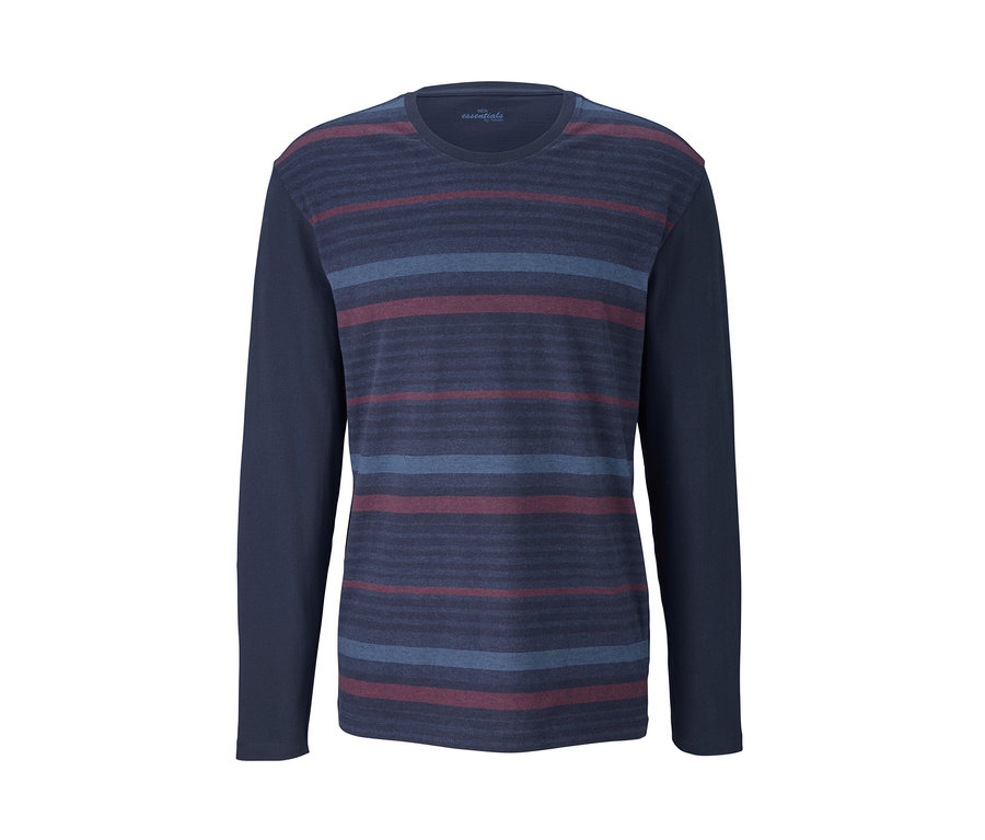 Kék, hosszú ujjú, csíkos pizsama.