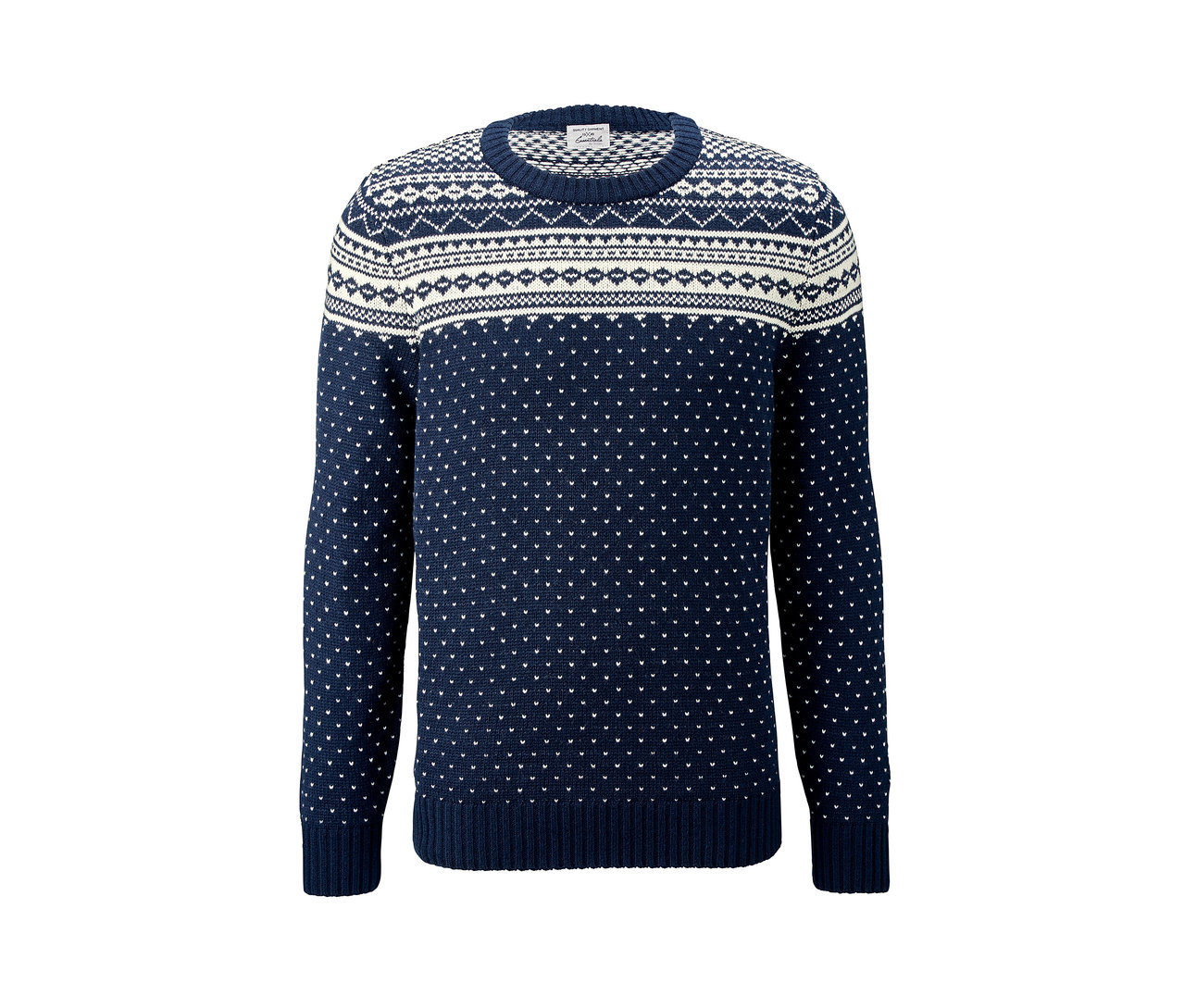 Sötétkék, mintás férfi pulóver.