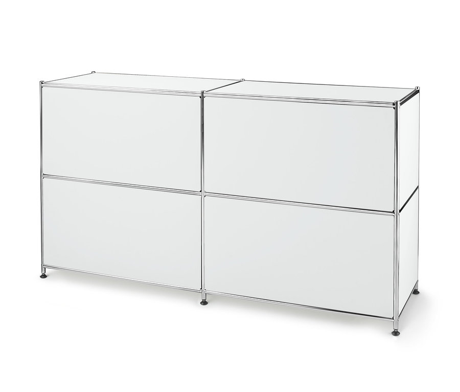 Fehér fém polcos komód, 2 áthelyezhető ajtóval.