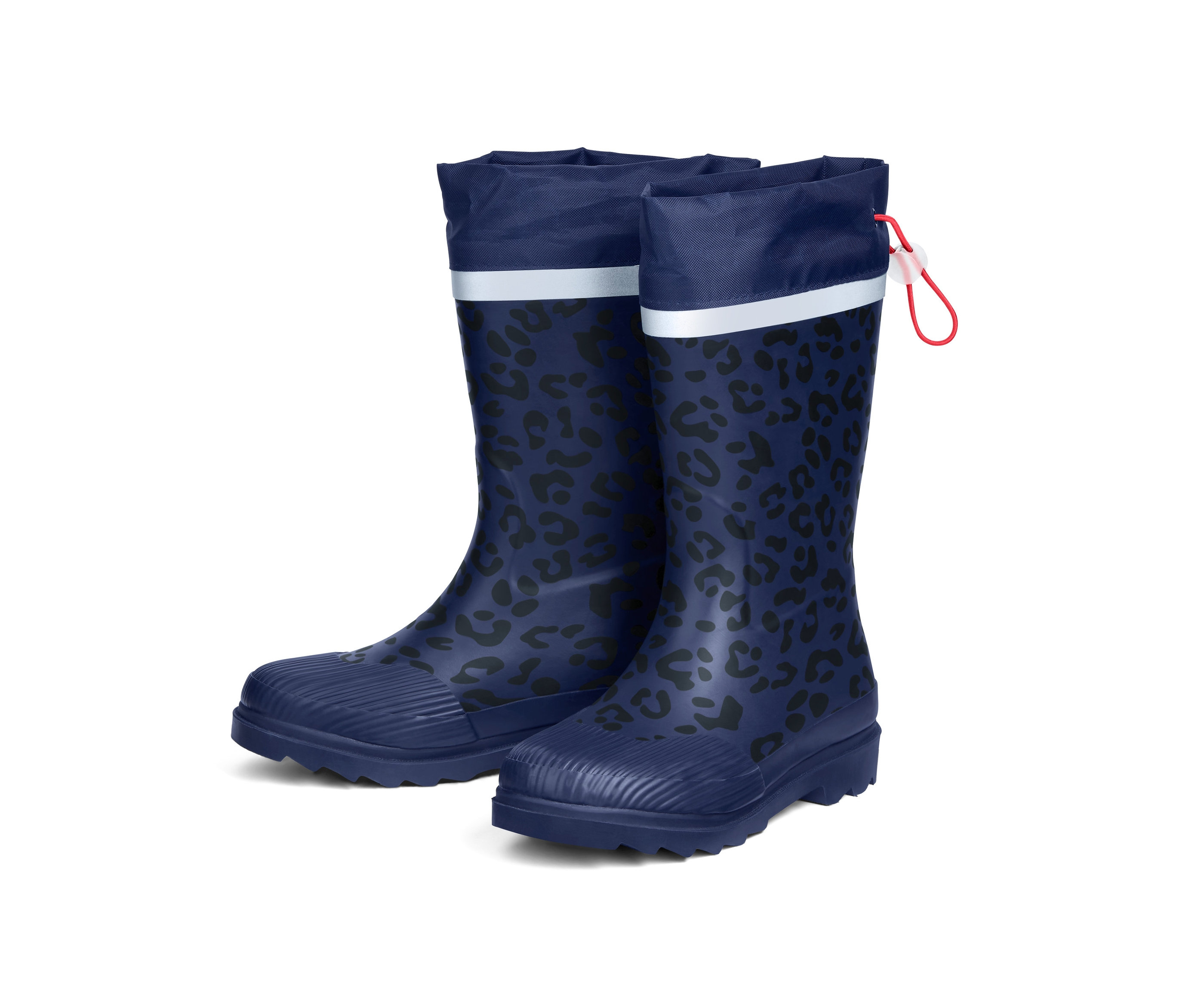Tengerészkék gumicsizma fekete állatmintával és húzózsinóros mandzsettával.