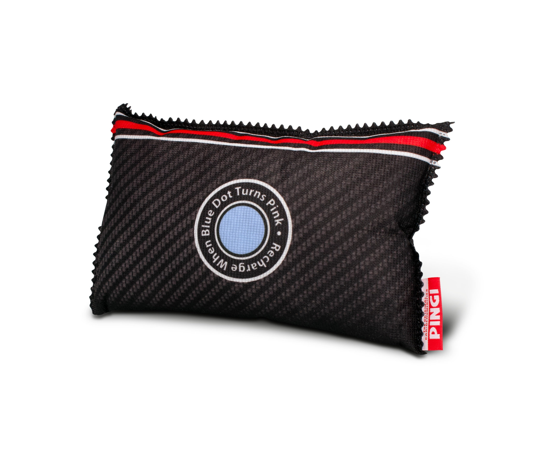 Egy fekete Pingi autós páramentesítő párna kék nedvességjelzővel a közepén.