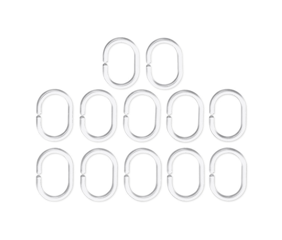 Tíz átlátszó zuhanyfüggöny karika három sorban elrendezve.