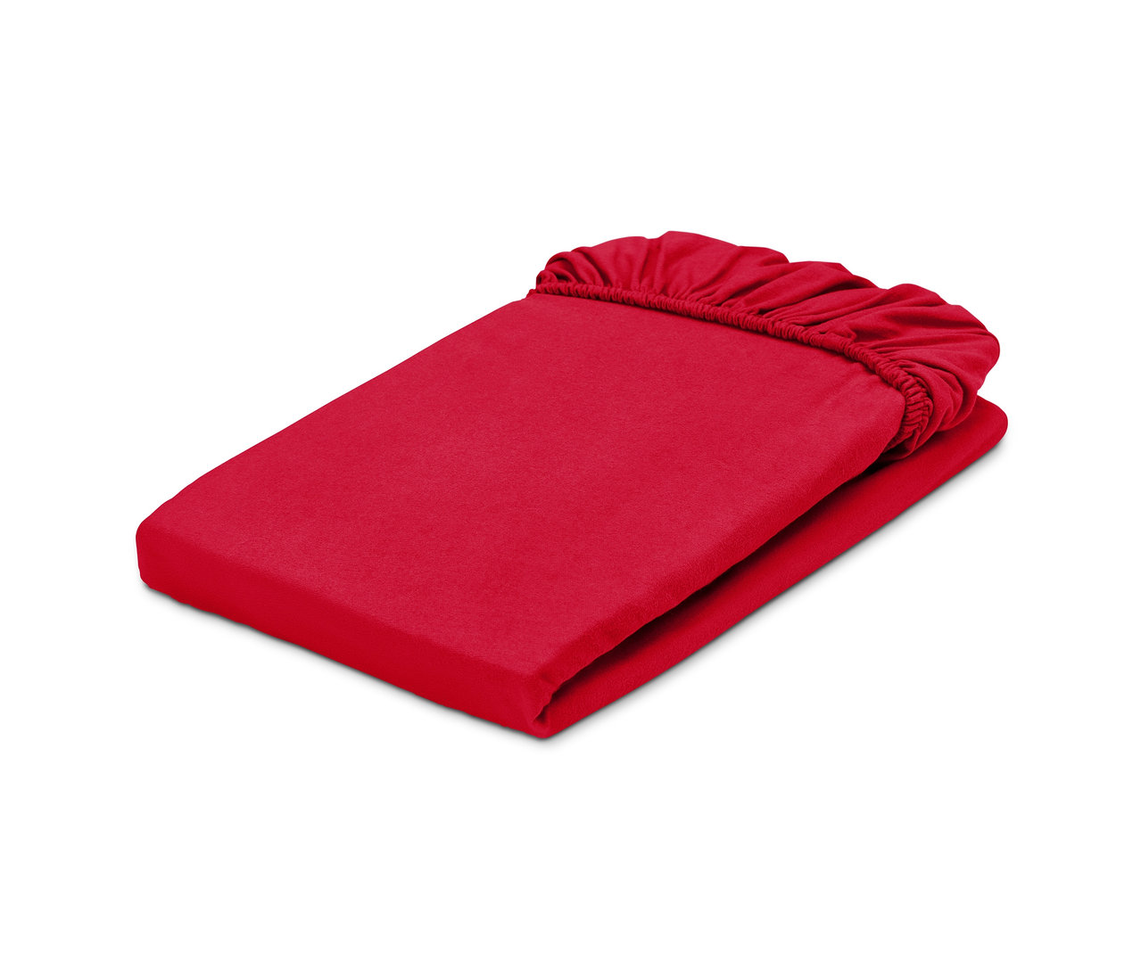 Összehajtott piros gumis jersey lepedő, szimpla.