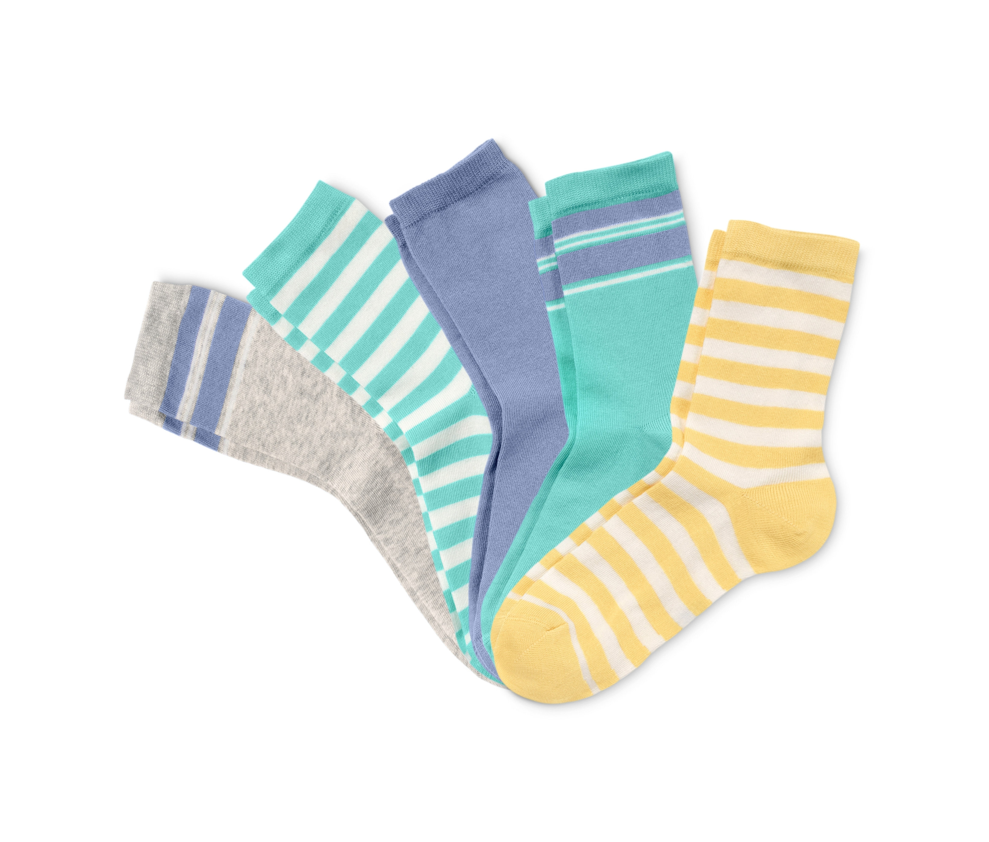 Öt pár különböző színű és mintájú bio pamut zokni.