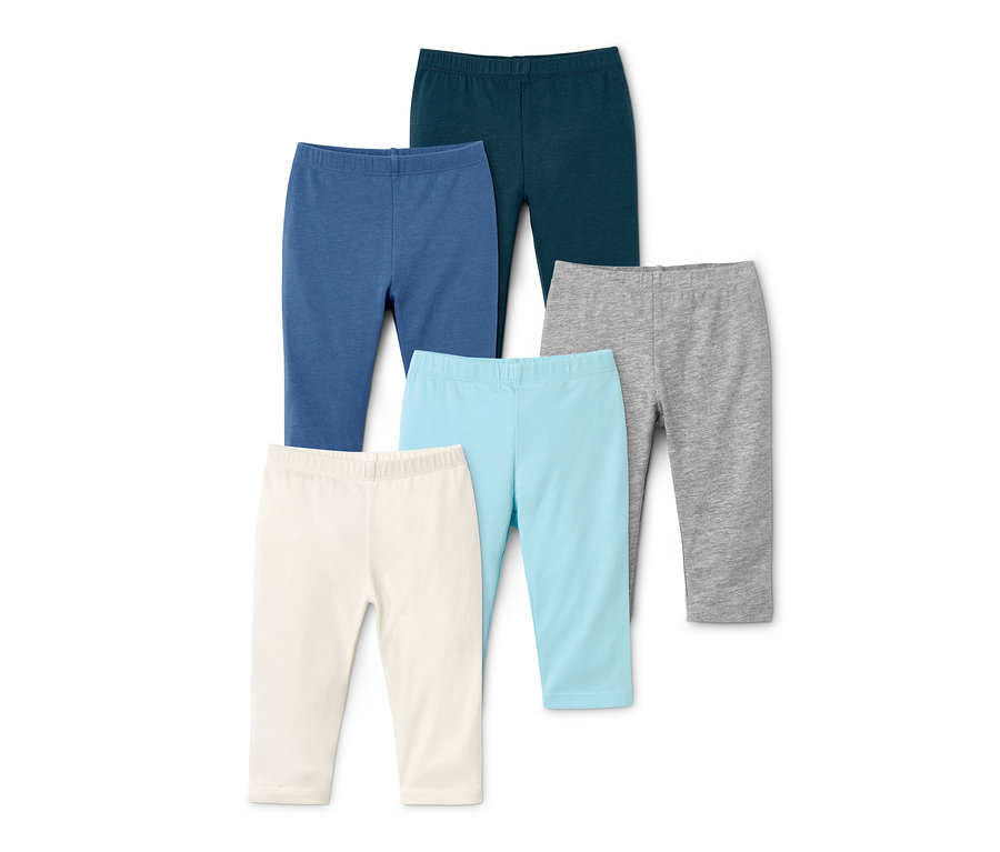 Öt kék, fehér és szürke színű bio pamut leggings.