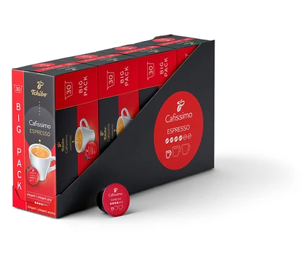 Egy csomag Espresso elegant – 120 db kávékapszula piros-fekete csomagolásban. Egy kapszula van mellette.