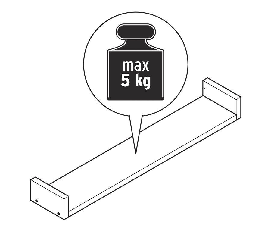 Egy kb. 80 cm hosszú falipolc illusztrációja, maximum 5 kg terhelhetőséggel.