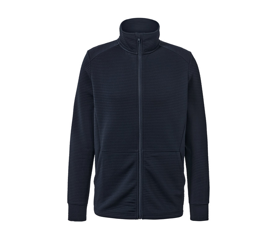 Sötétkék funkcionális felső középen cipzárral.