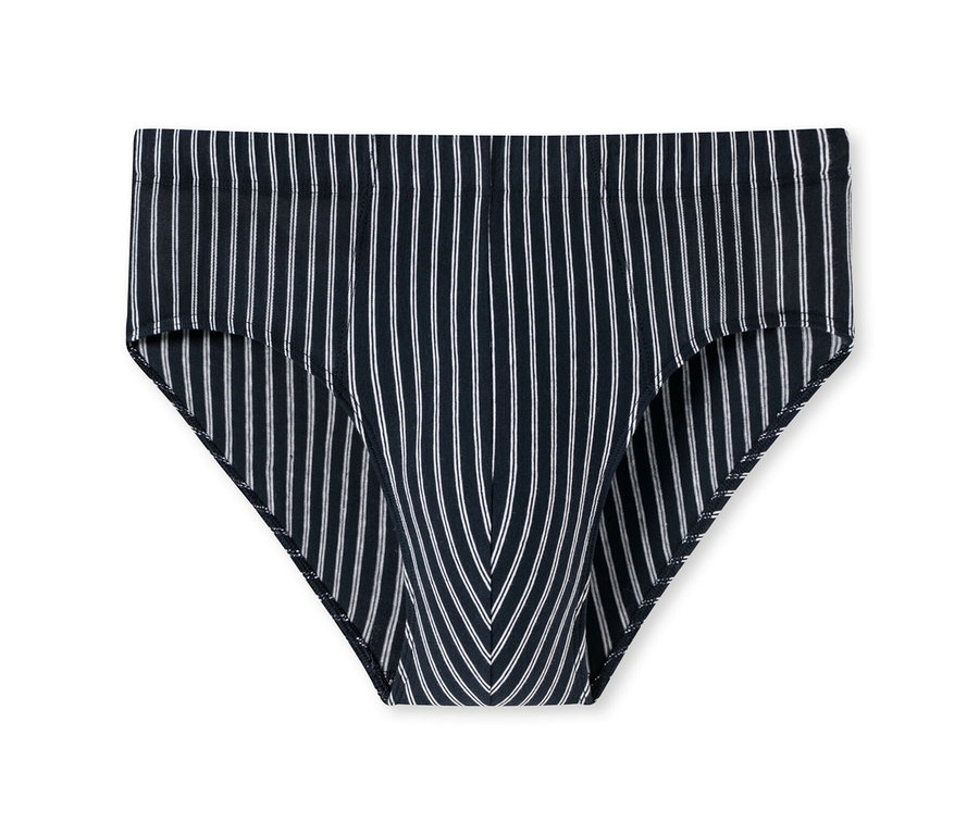 A sötétkék, fehér csíkos SCHIESSER szuper mini alsó biopamutból készült, fehér háttérrel.