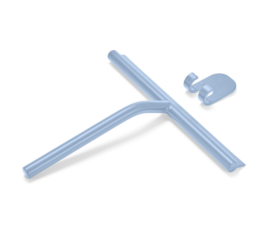 Egy kék színű vízlehúzó fali tartóval fehér háttéren.