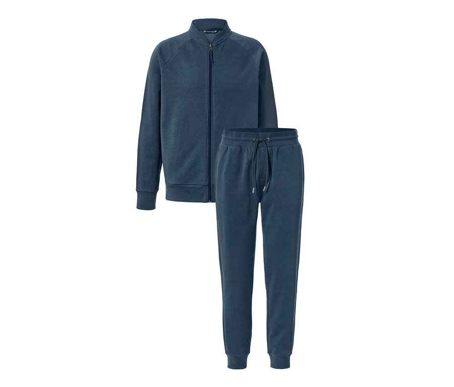 Kék szabadidő szett cipzárral és húzózsinóros nadrággal.