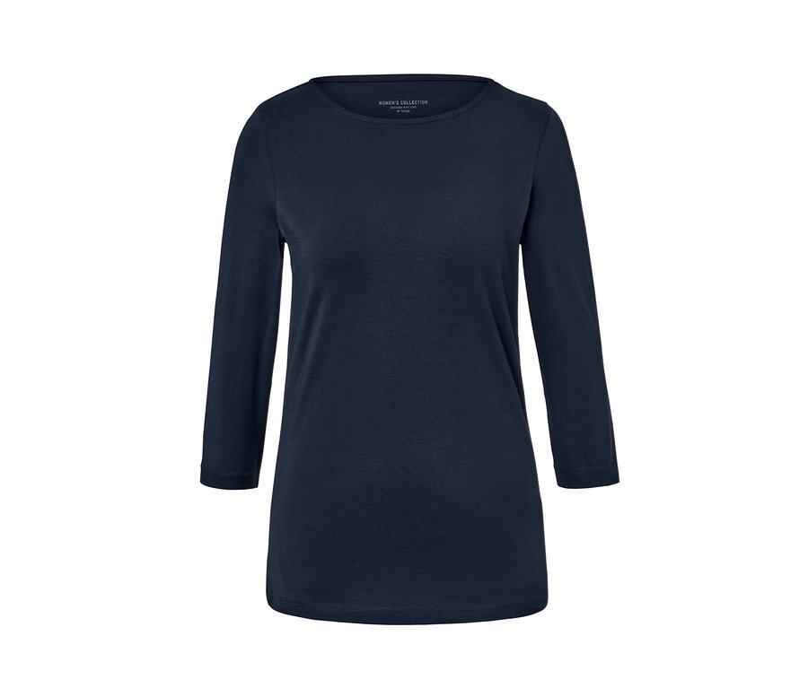 Sötétkék, 3/4-es ujjú női felső.