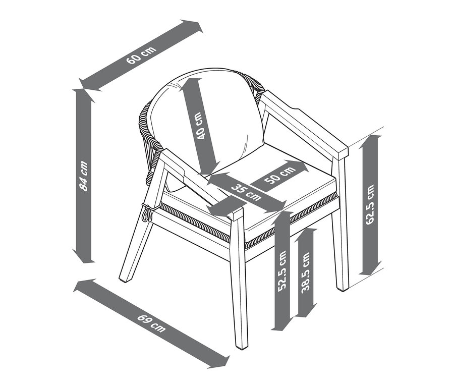 Ábra egy karosszékről, kerek háttámlával és textilhálóval, valamint egy formatervezett étkezőszékről, méretekkel.