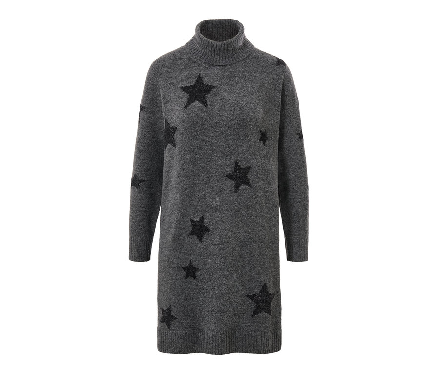 Sötétszürke, csillagos kötött ruha.