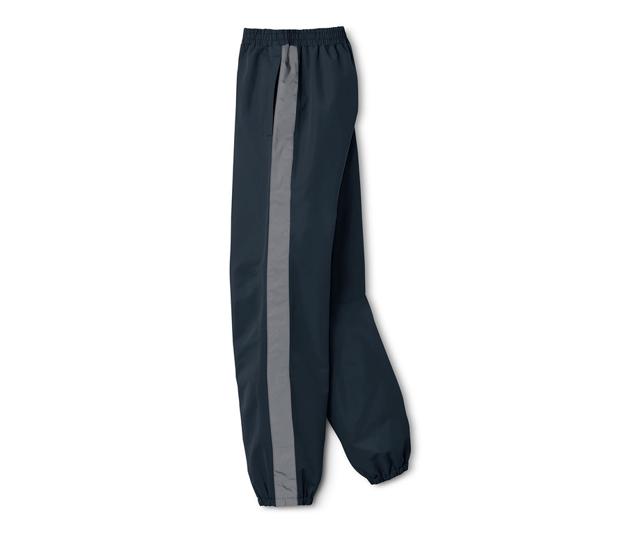 Sötétkék gyerek esőnadrág fényvisszaverő csíkkal az oldalán.