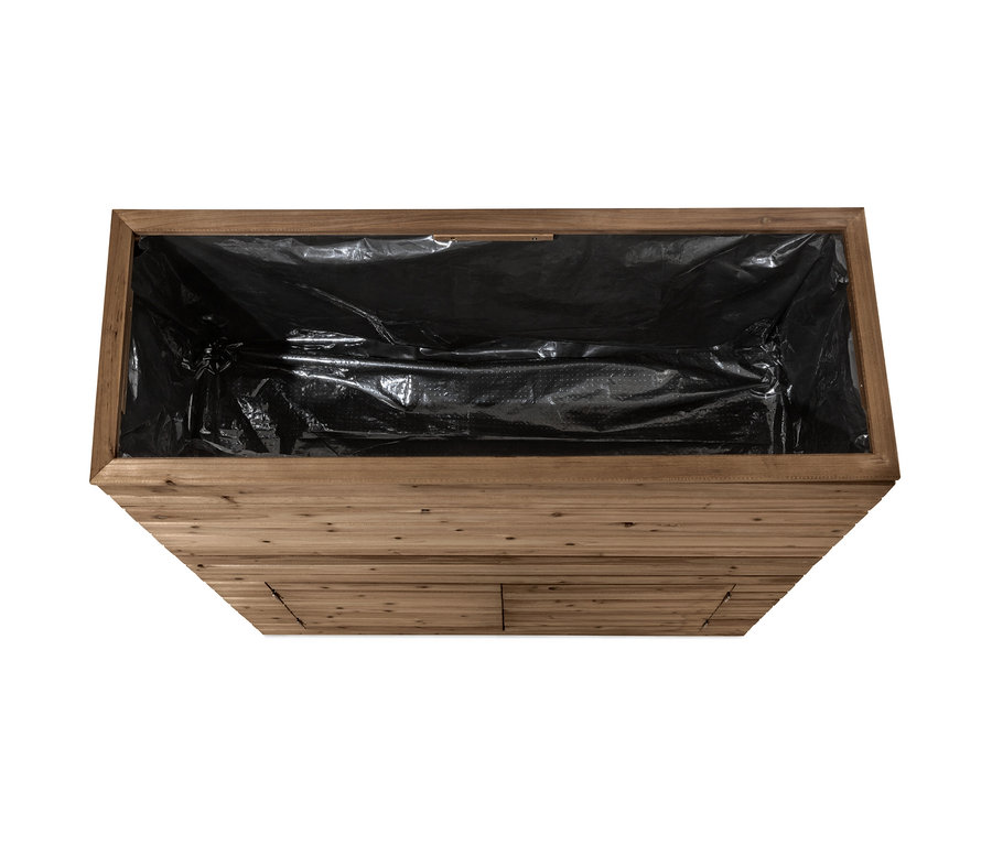 Felülnézet a »Tinus« térelválasztó virágládáról tárolószekrénnyel és fekete betéttel.