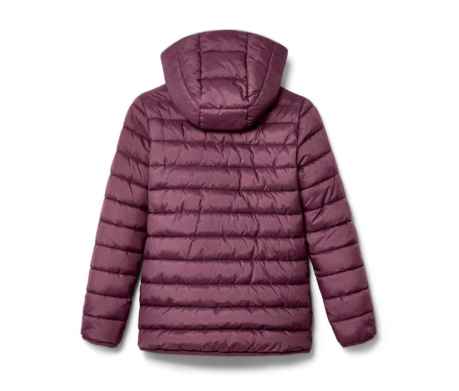 A kislány kifordítható steppelt dzseki hátulnézete, zsályazöld/bíborvörös.