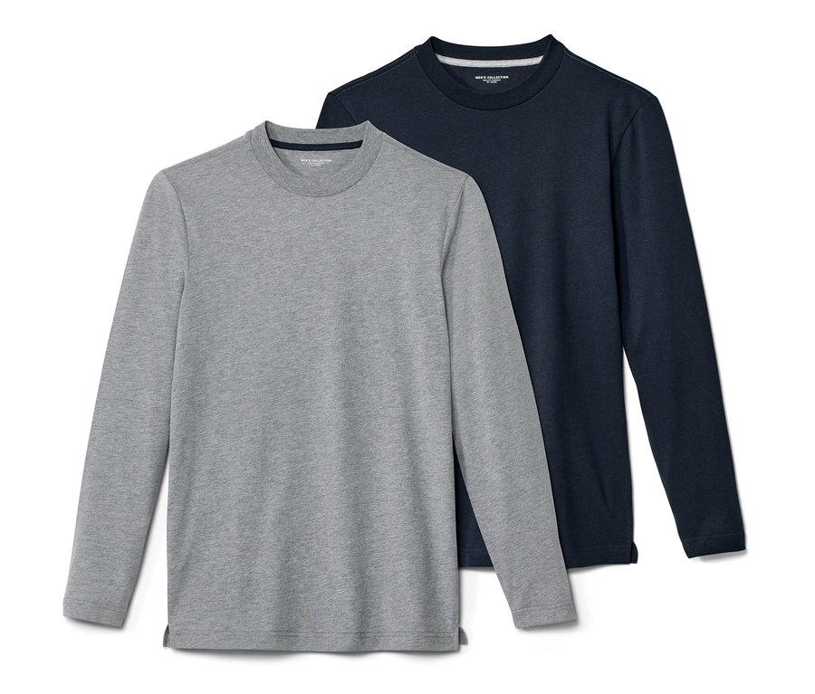 Két hosszú ujjú felső, egy szürke és egy sötétkék, egymás mellett.