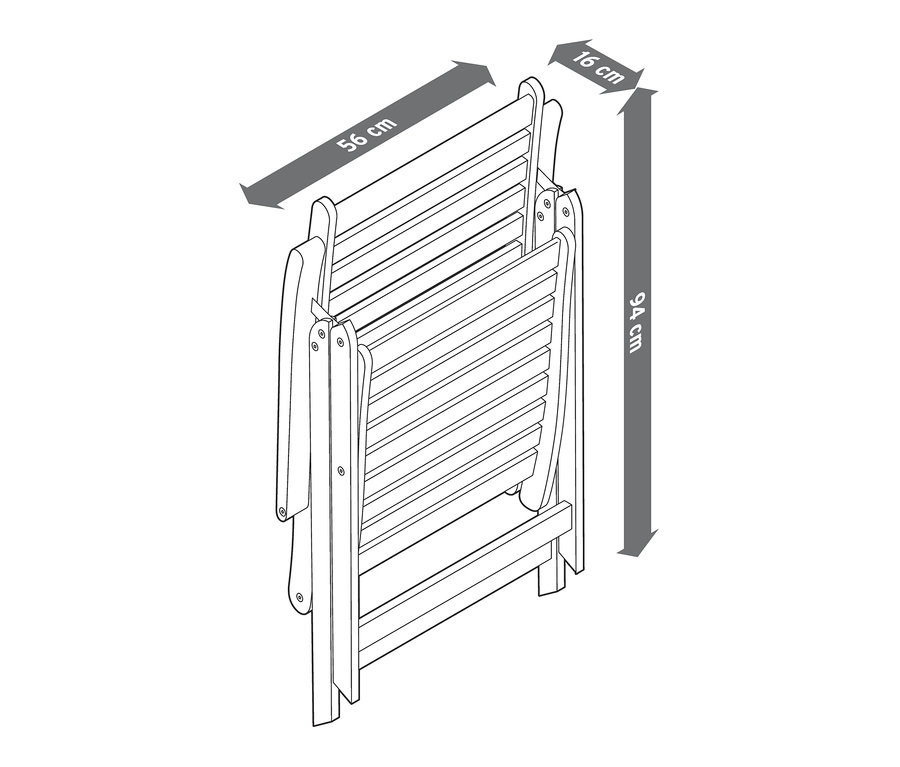 Magas támlás teak szék vázlatrajza állítható háttámlával, 94 cm magas, 56 cm széles és 16 cm mély.