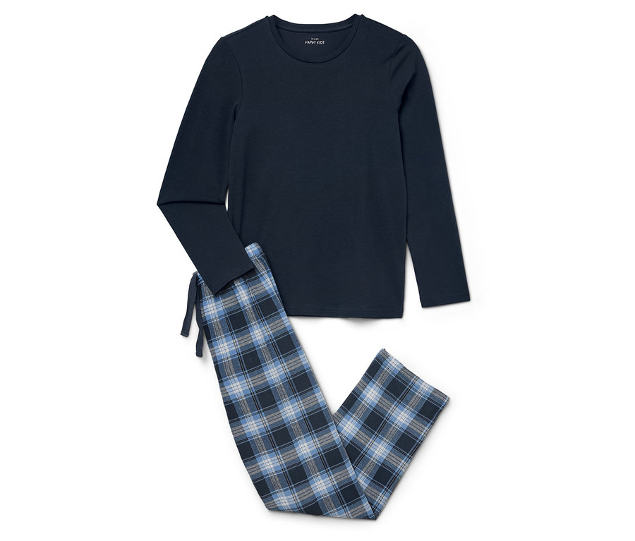 Sötétkék pizsama kockás nadrággal fehér háttéren.