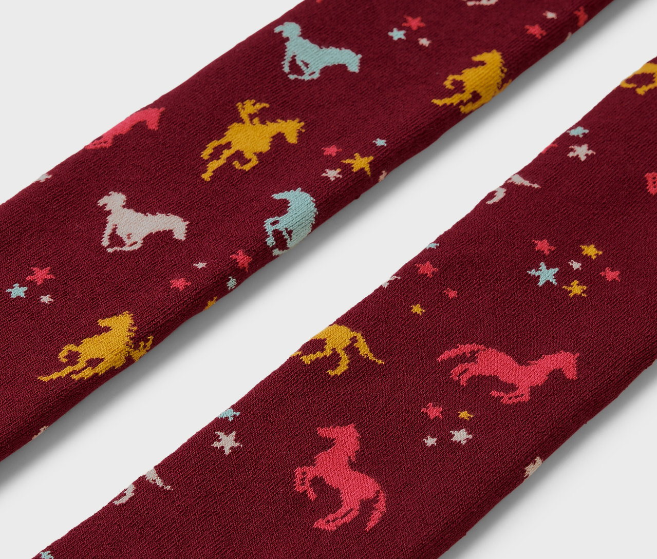 Két gyermek thermo harisnyanadrág részletes nézete ló- és csillagmintával.